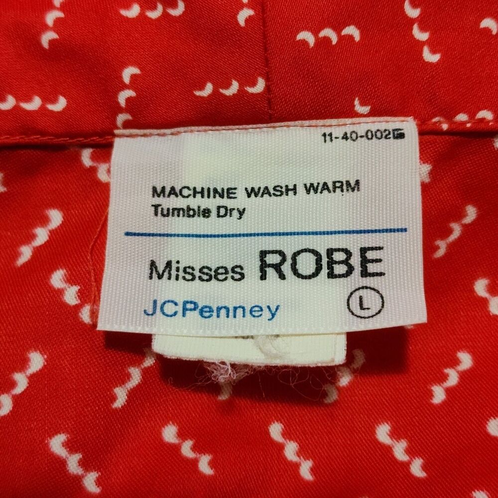 Vintage JCPenney Misses Long Robe Red White Cotton Satin Belted Women's L EUC - Picture 6 of 8